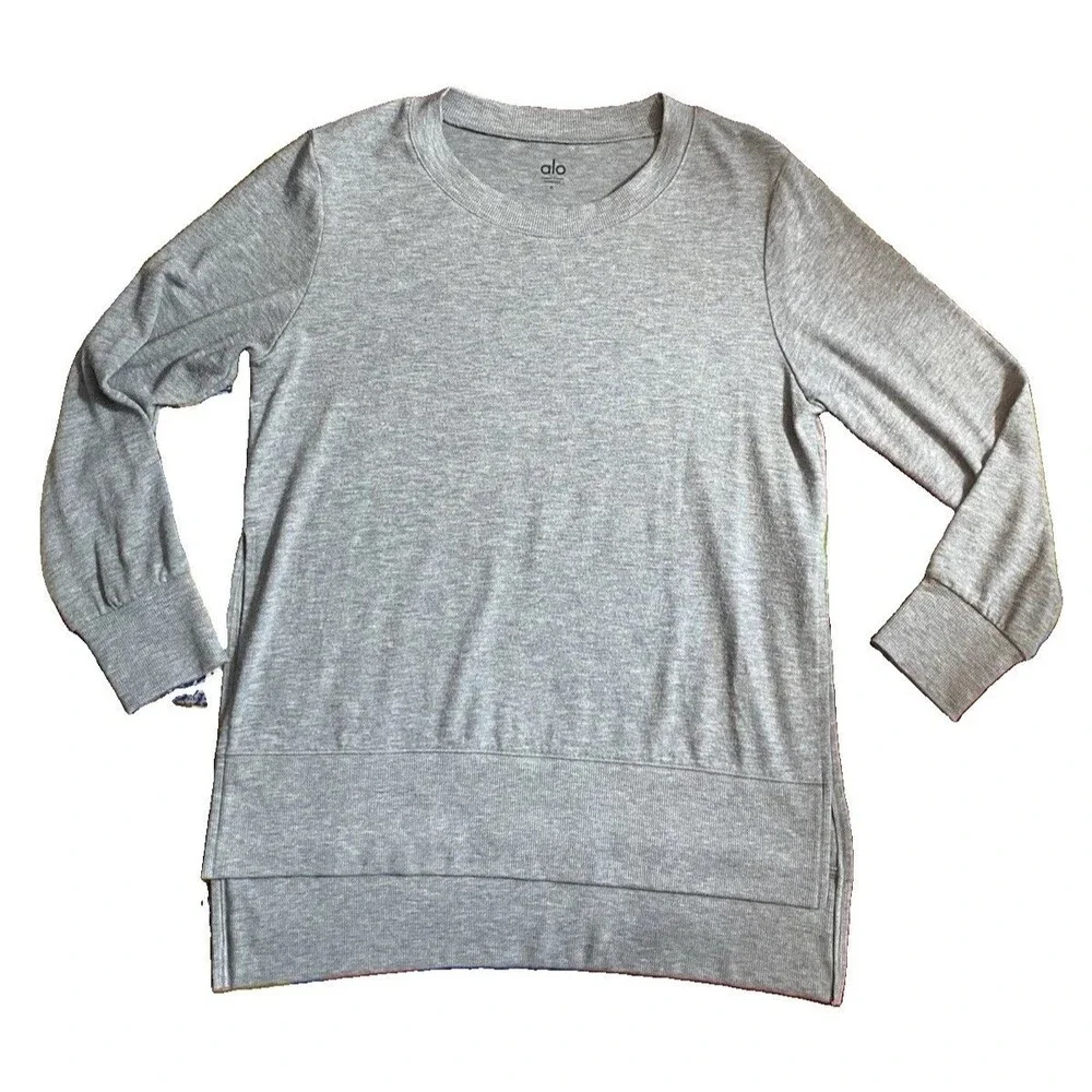 Alo Yoga Glimpse Sweatshirt Womens S Gray High Low Side Slit Pullover Athleisure